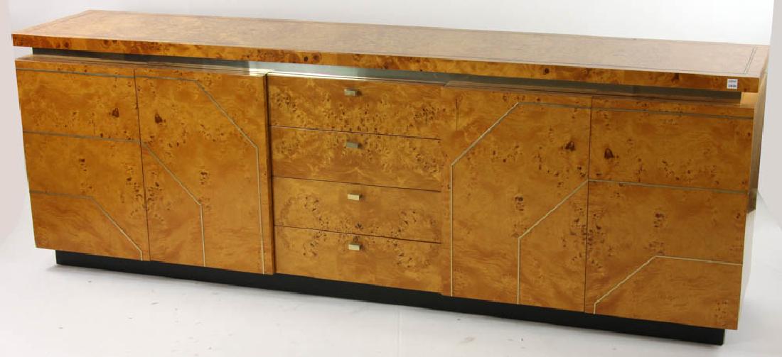 Mid Century Modern Mappa Burl Cabinet: Mid-century modern mappa burl cabinet, four drawers and four doors with brass trim, 31" H x 88" L x 18" D.