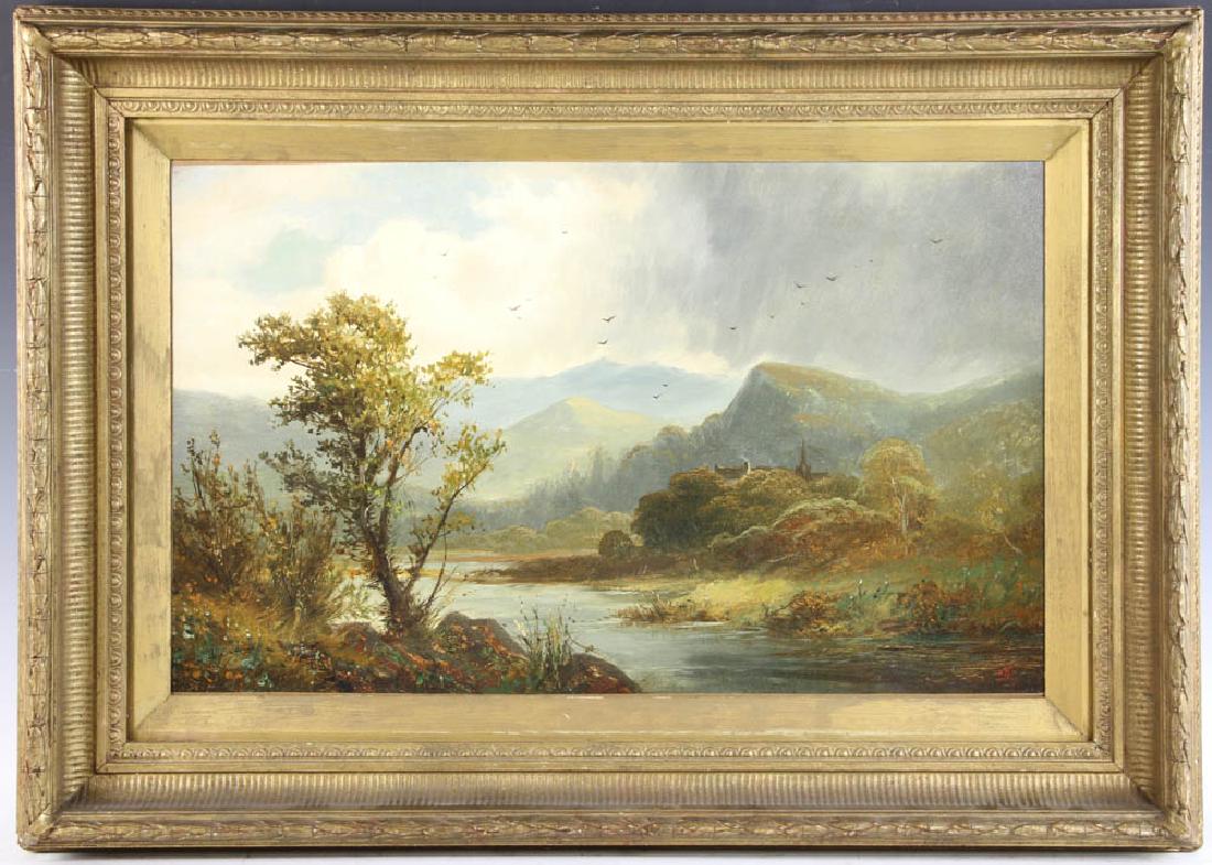 David Johnson Oil on Canvas: David Johnson (American, 1827-1908), storm over the valley, oil on canvas, signed, 16" x 26", frame 24" x 33 3/4". Provenance: Los Angeles, California collection.