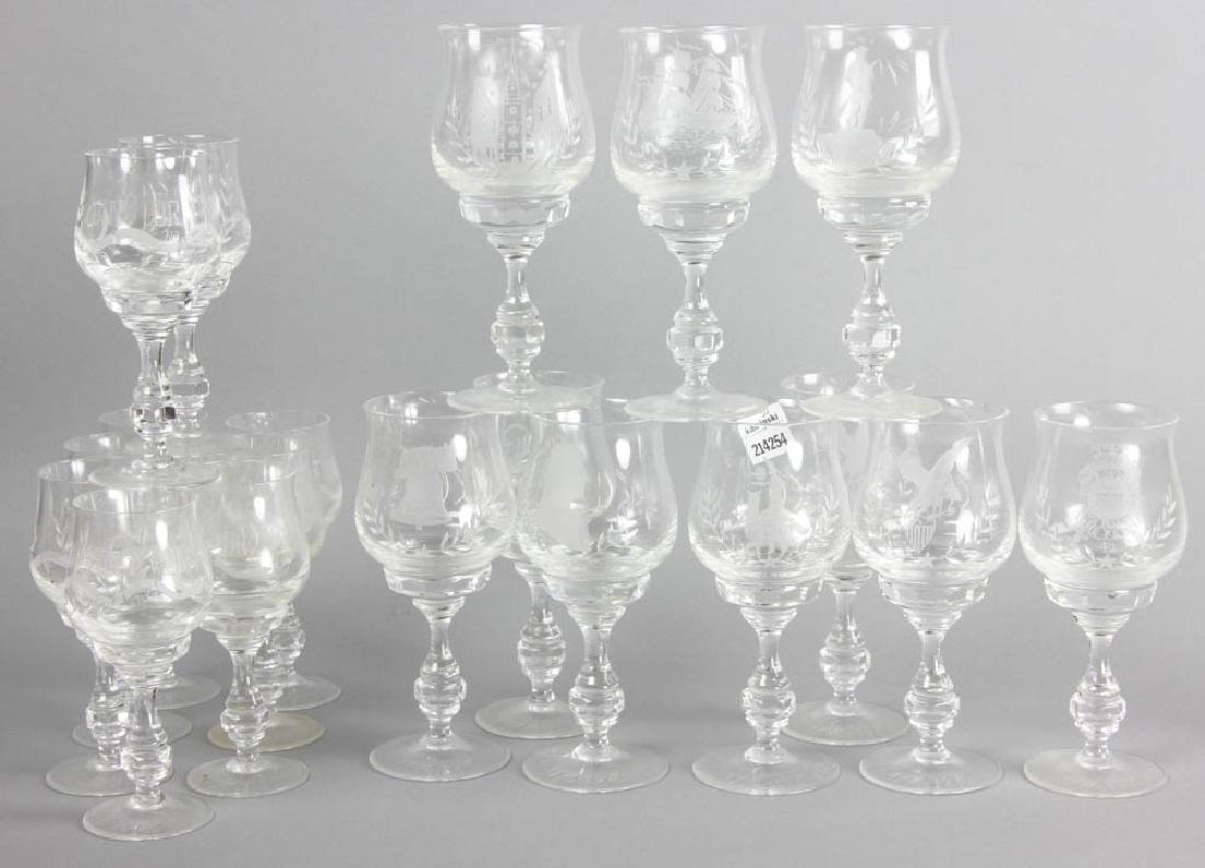 Colonial American Revolution Stemware: Hand-engraved Colonial American Revolution stemware, twenty-two total, signed by the artist, Joseph Puhringer, 7 1/2" and 6 1/4". Provenance: Ann Gilbert, nationally syndicated antiques columnist and 