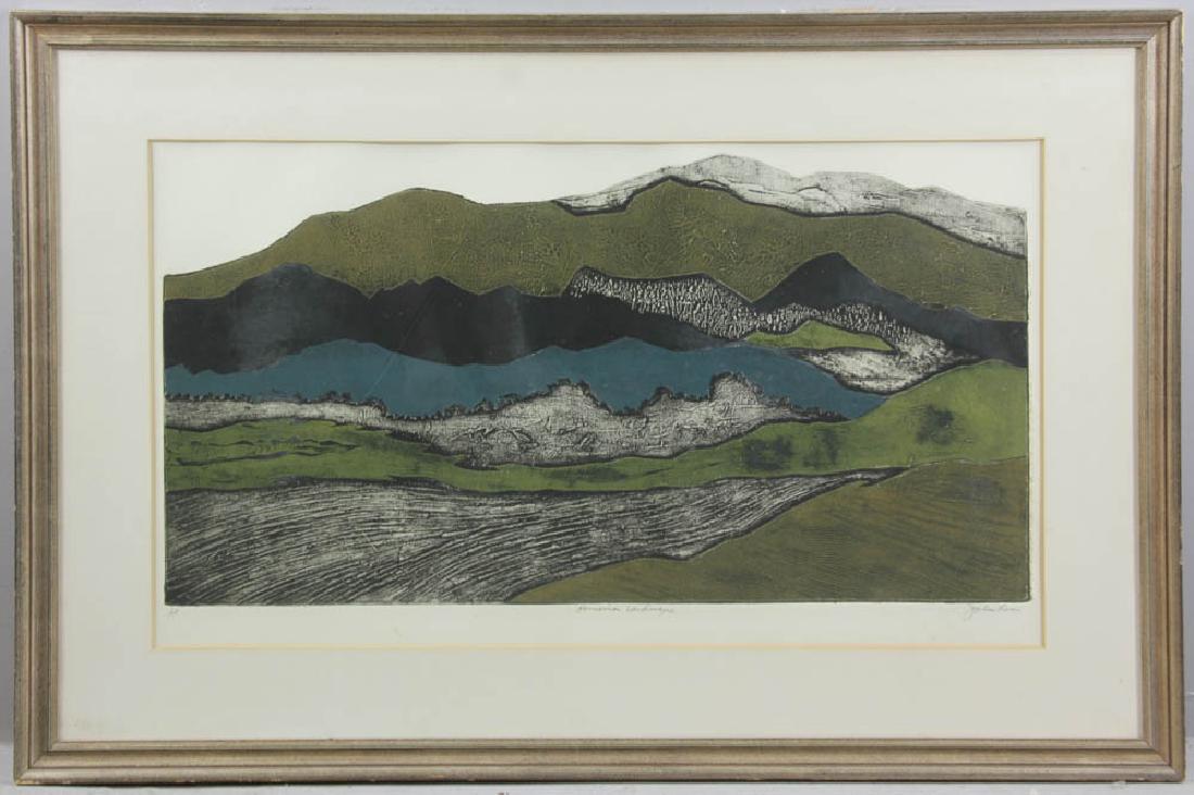 John Ross Limited Edition Collagraph: John Ross (American), 'Romanian Landscape', limited edition collagraph in colors, pencil signed L/R, pencil titled L/C, pencil editioned 19/50 L/C, 20" x 34" (sight), frame 30" x 44 3/4". Provenance: 