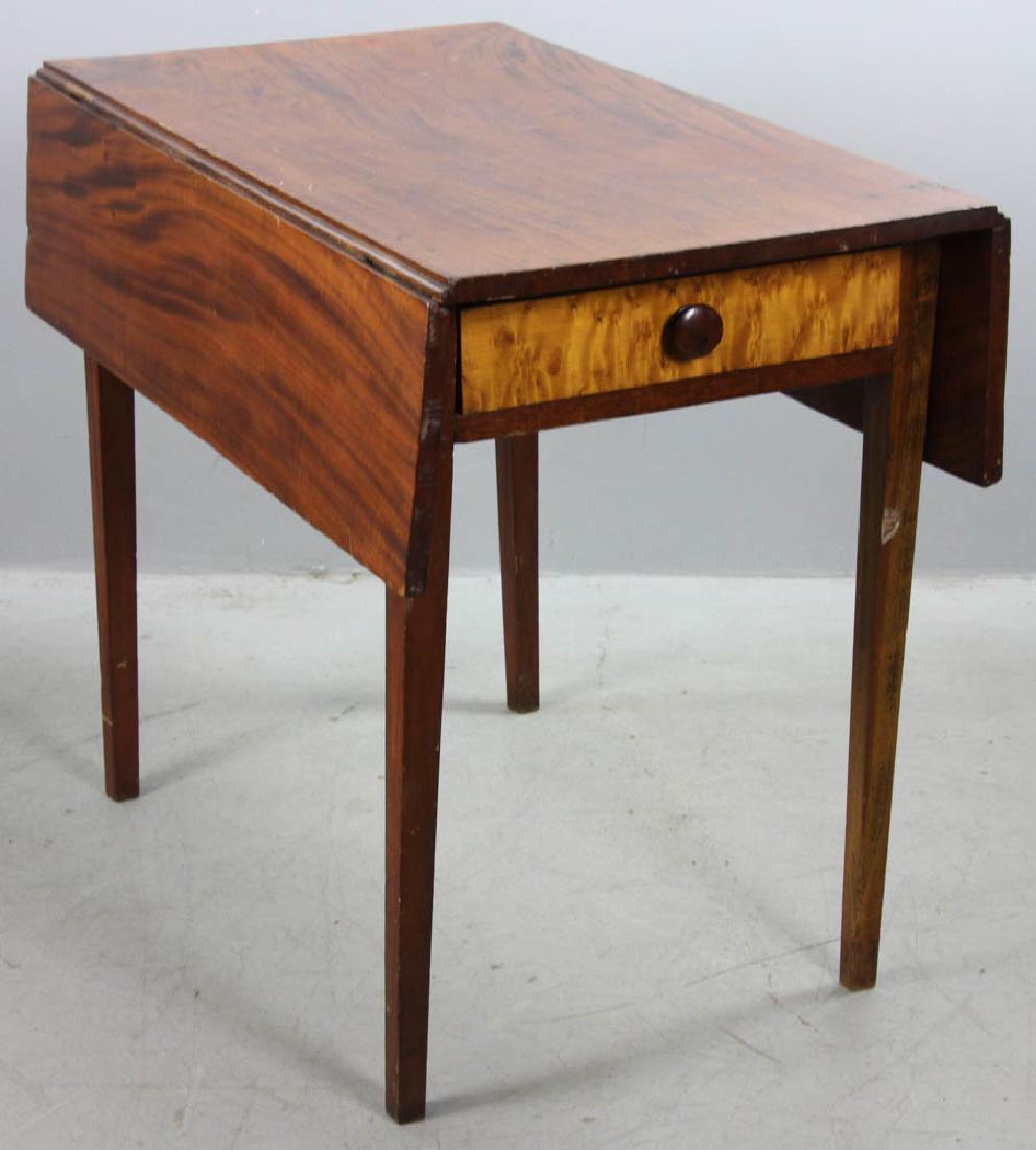 Early American Hepplewhite Drop Leaf Table: Early American Hepplewhite drop-leaf table with tiger maple drawer front. Provenance: Long Beach, California estate collection.