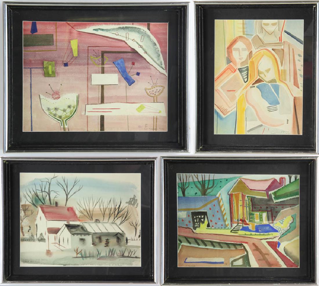 Four Watercolors Signed Jane Carter: Four signed Jane Carter watercolors, to include 'North Carolina', 'Mansion', 'Family', and 'Rose Biomorphic Forms', 14" x 17". Provenance: Lake Park, Florida Estate.
