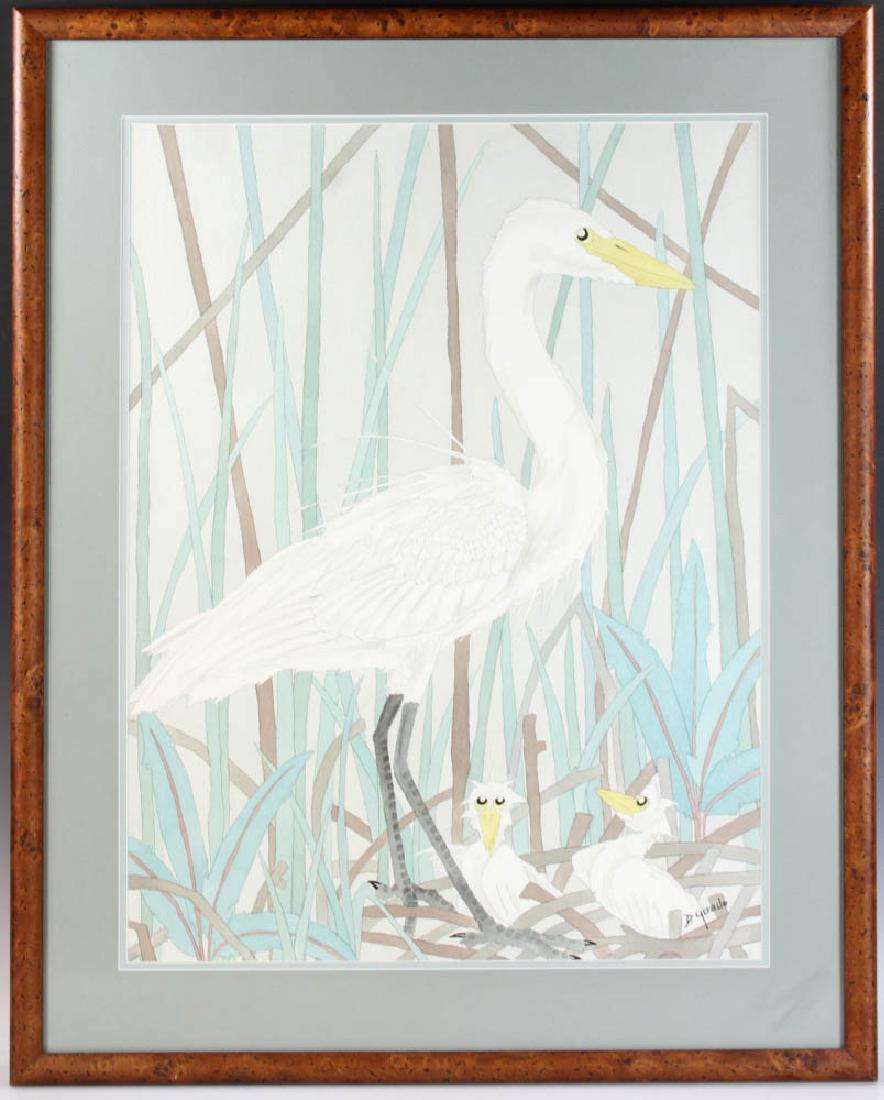 D. Goad Watercolor of Cranes: D. Goad signed watercolor of crane with baby cranes, 30" x 22", frame 37" x 30". Provenance: Beverly, Massachusetts estate.