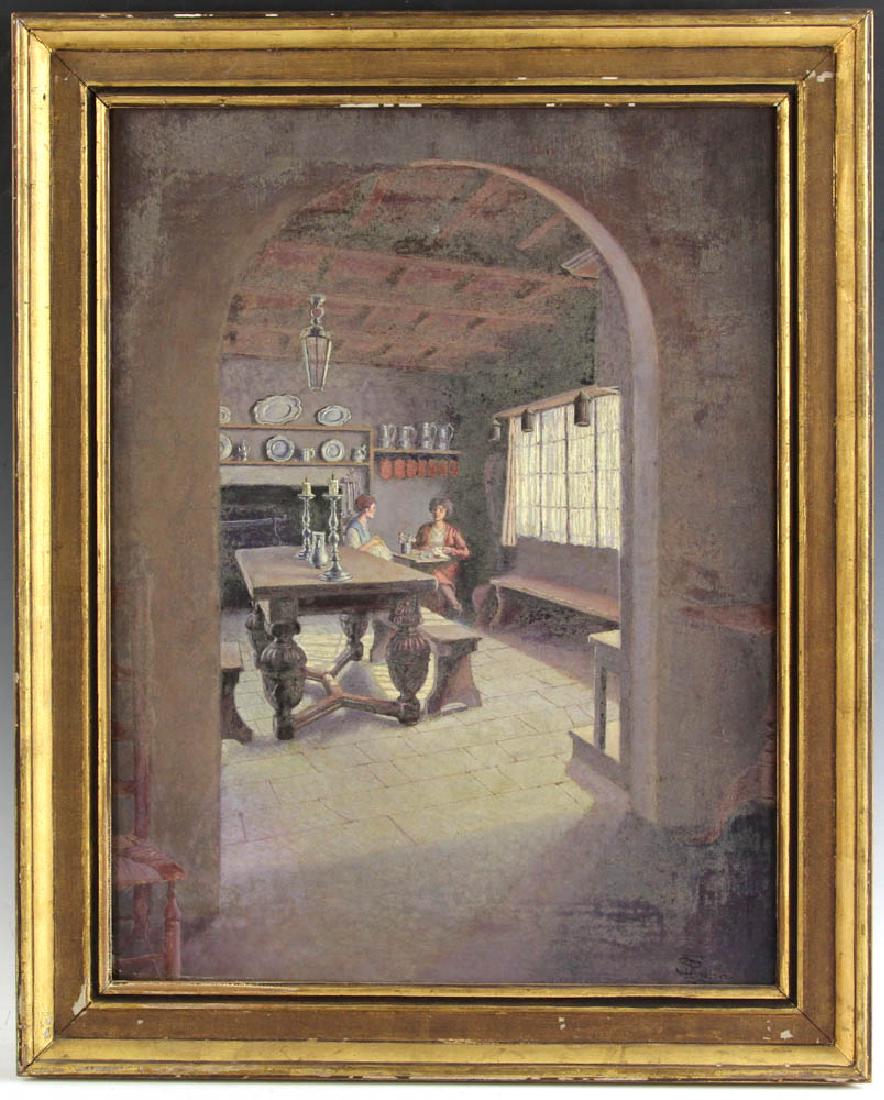 F.S. Rousseau, Ladies at Fireplace, Oil on Board: F.S. Rousseau (1885-1965), two seated ladies near fireplace and window, oil on artist board, signed L/R, 14 1/2" x 19 1/2", frame 18 1/2" x 23 1/2". Provenance: Wakefield, Massachusetts collection.