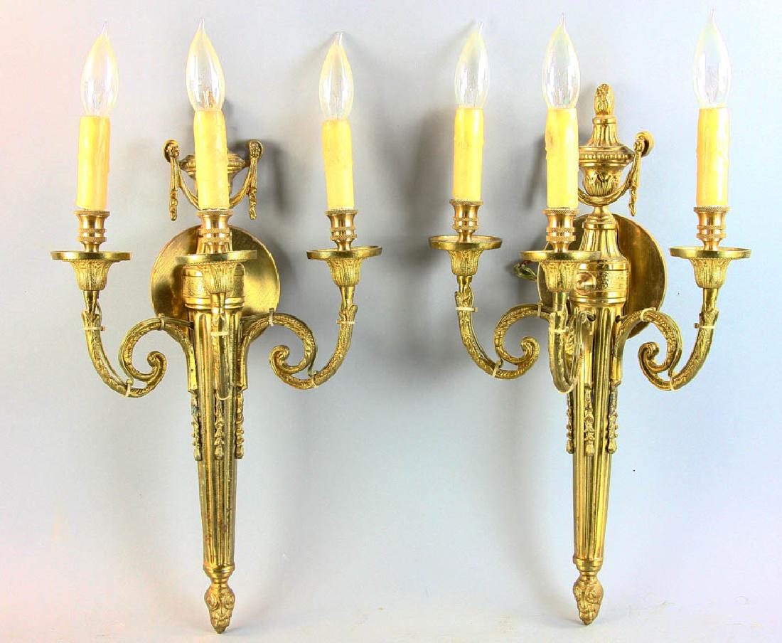 Pair of Italian Brass Three Light Wall Sconces: Pair of contemporary Italian three-light brass wall sconces, 20" H x 11 1/2" W. Provenance: Phyllis Krock estate, Palm Beach, Florida.