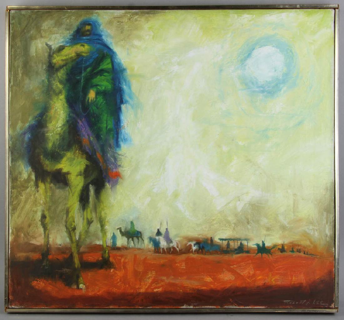 Robert J. Lee Oil on Canvas: Robert J. Lee (1921-1994), 'Queen of Sheba on Way to Solomon', oil on canvas, signed L/R, titled and signed verso, 26" x 24". Provenance: Boca Raton, Florida estate.