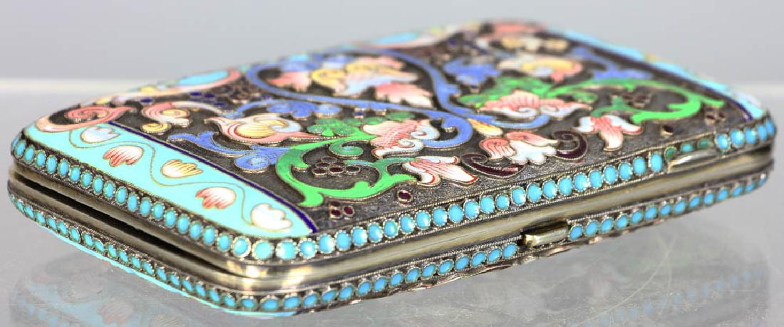 Antique Russian Enameled Silver Box: Antique Russian enameled silver box, hallmarked 'MC' in an oval and '84' for .875 silver, 4 1/4" x 2 3/4". Provenance: Beverly, Massachusetts estate.