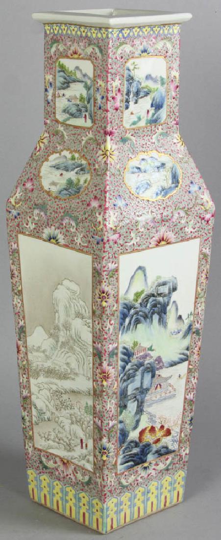Chinese Large Famille Rose Square Vase: Chinese large Famille Rose square-shaped porcelain vase with landscape design, red Qing Qianlong mark on base, 21" H. Provenance: private New England collection.