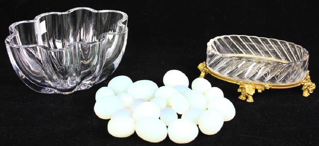 Orrefors Crystal Bowl: Oreffors crystal bowl together with opaline glass eggs, signed, 4 1/2" x 10 1/2" x 7 1/2", also included is a Baccarat crystal dish in bronze ormolu frame, stamped in frame 8" x 5". Provenance: West P