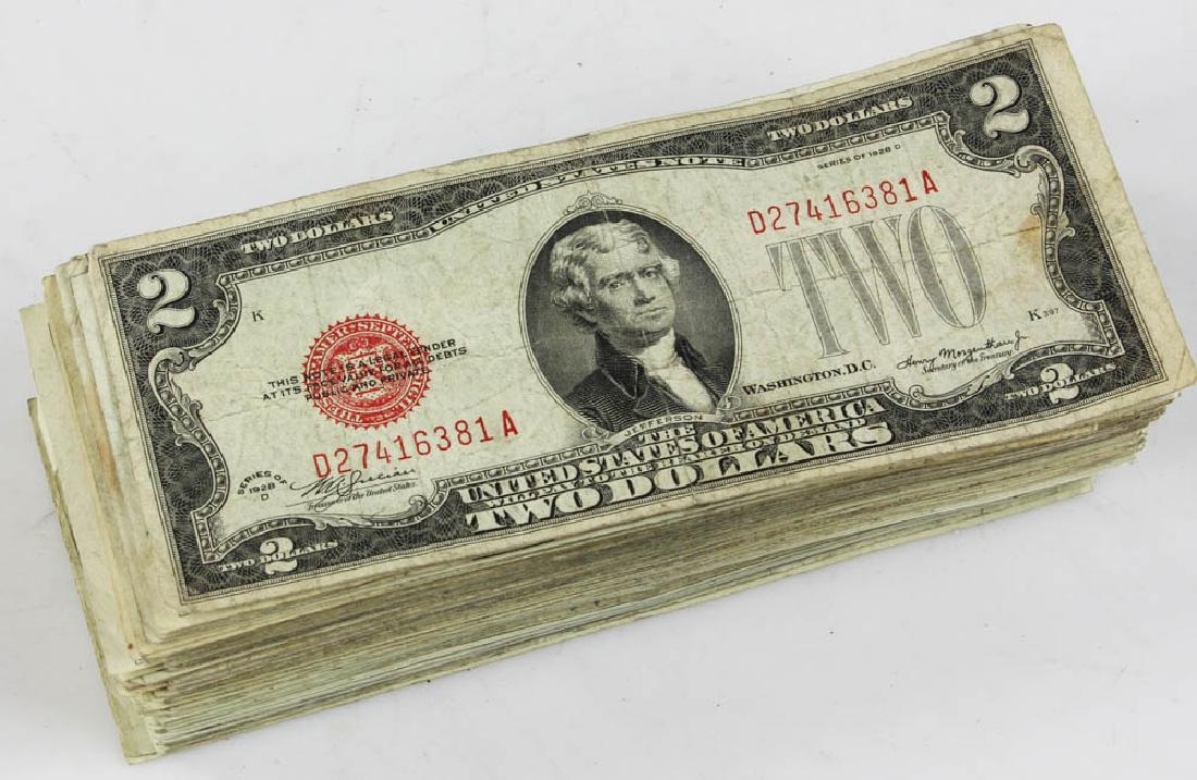 Collection of Two Dollar Bills: Collection (144) two dollar bills, to include: one series 1928-D and one 1928-G United States notes; (64) series 1953 (plain, A, B, C) United States notes; (31) series 1963 (plain, A) United States no