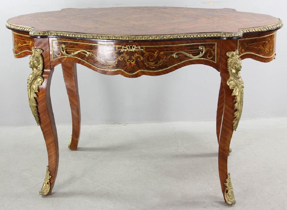 Antique Style French Parlor Table: Antique-style French inlaid parlor table with paint-decorated top, ormolu mountings. Provenance: Jupiter, Florida collection.
