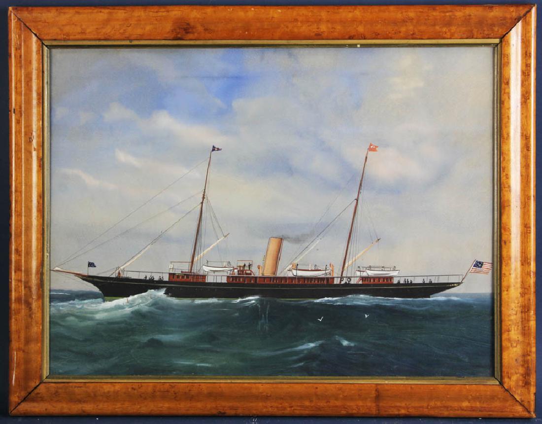 Antonio Jacobsen Attributed Watercolor: Antonio Jacobsen-attributed, American steamship and sailing vessel, water color and gouache, bird's eye maple frame, 17 1/2" 22 1/2". Provenance: Jupiter, Florida collection.