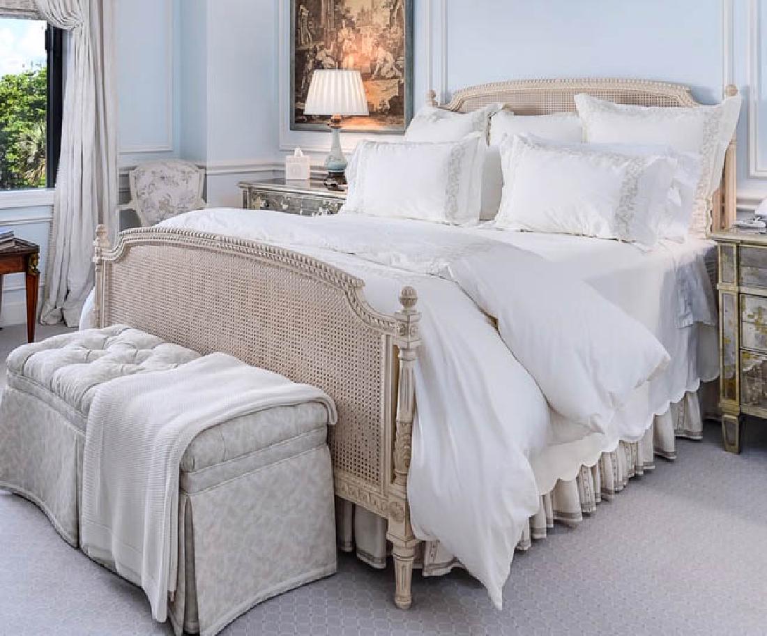 French Carved and Painted Bed: French carved and painted bed, 54" H x 85" L x 62" W. Provenance: West Palm Beach, Florida collection.