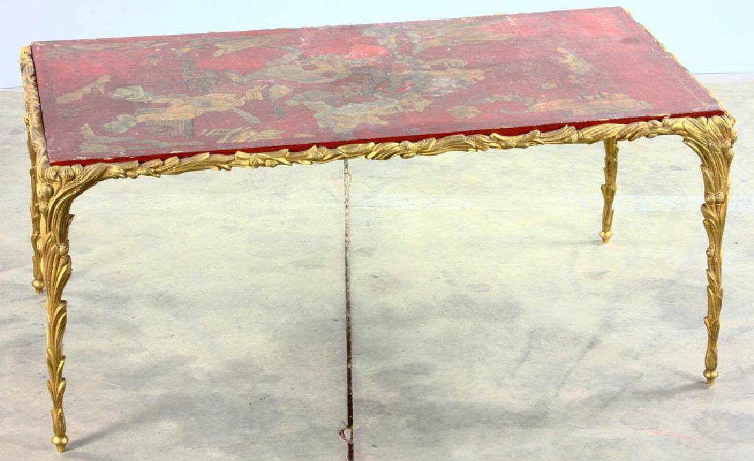 Lacquer Coffee Table with Chinoiserie Motif: Lacquer coffee table with chinoiserie motif, on bronze base, 16 1/2" H x 37" W x 19" D. Provenance: Phyllis Krock estate, Palm Beach, Florida.
