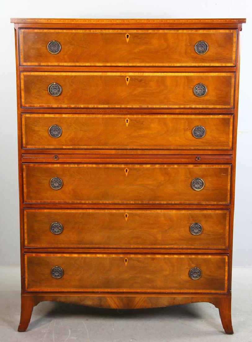 Baker Hepplewhite Style Mahogany Chest: 20th century Hepplewhite-style mahogany chest with string inlay by Baker Furniture, 53 1/4" H x 37 1/4" W x 20" D. Provenance: Plymouth, Massachusetts collection.