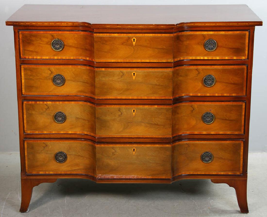 Baker Hepplewhite Style Mahogany Chest: 20th century Hepplewhite-style mahogany four-drawer chest with string inlay by Baker Furniture, 35 1/2" H x 43" W x 22" D. Provenance: Plymouth, Massachusetts collection.