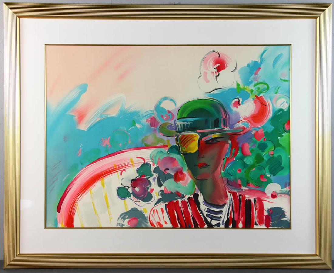 Peter Max Signed Lithograph: Peter Max (b. 1937), 'French Zero's Girlfriend', lithograph, signed L/R, pencil editioned 62/150 L/L, embossed stamp 'Peter Max 1990' L/L, 26" x 35" (sight), frame 38" x 37 1/8". Provenance: Beverly,