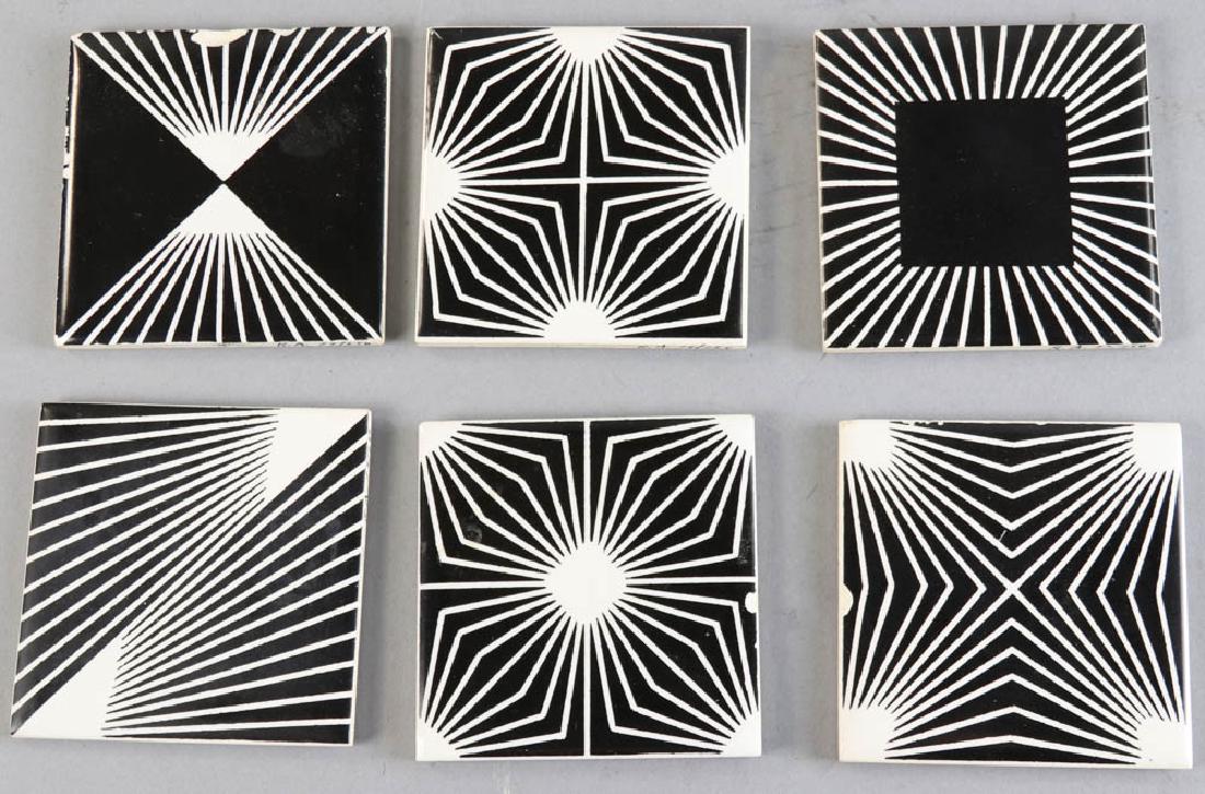 Richard Anuszkiewicz 1960s Op Art Ltd Ed Tiles Coasters: Set of six 1960s Richard Anuszkiewicz (prominent American Op Art movement artist/founder, b.1930) black and white tiles/coasters, 3" x 3", initialed RA and numbered 23/250. Provenance: From a Beverly,