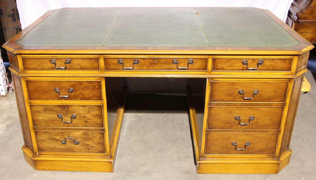 20thC Mahogany Partners Desk: 20th century mahogany partner's desk, nine drawers on each side, 30" H x 65" W x 42" D. Provenance: Millis, Massachusetts estate.