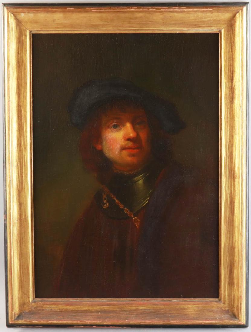 School of Rembrandt Self Portrait: School of Rembrandt self-portrait, oil on canvas mounted on panel, 27" x 19", in Newcomb-Macklin frame 32" x 25". Provenance: Boca Raton, Florida collection.