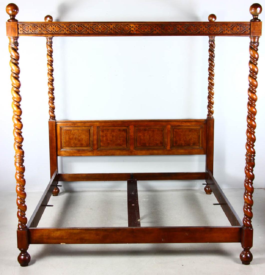 King Size Bed with Paneled Headboard: English-style king-size poster bed with rope turned posts, oyster wood panels, canon ball finials, attributed to Baker Furniture, serial number 231506, 88" H x 86 1/2" W. Provenance: West Palm Beach,