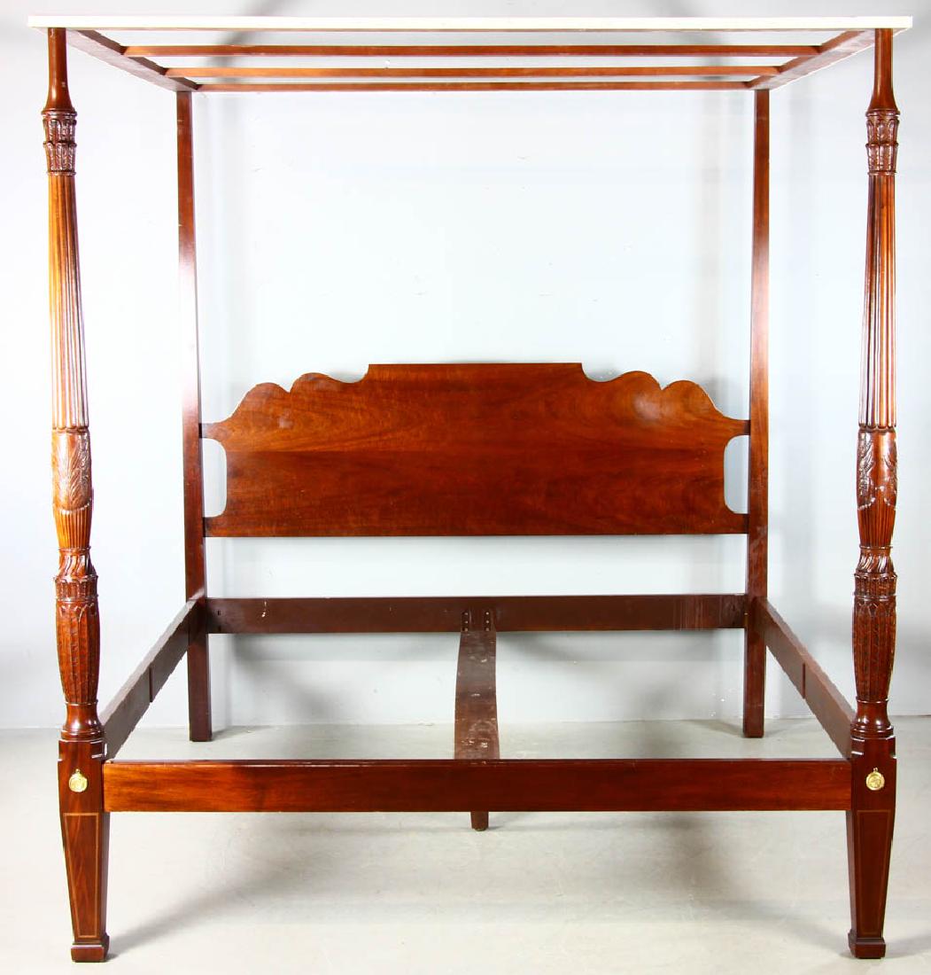 Salem Style Carved Mahogany King Bed: Salem-style carved mahogany four-poster bed with wheat sheaf-design carved posts and satin wood inlay, 92" H x 82" W. Provenance: West Palm Beach, Florida collection.