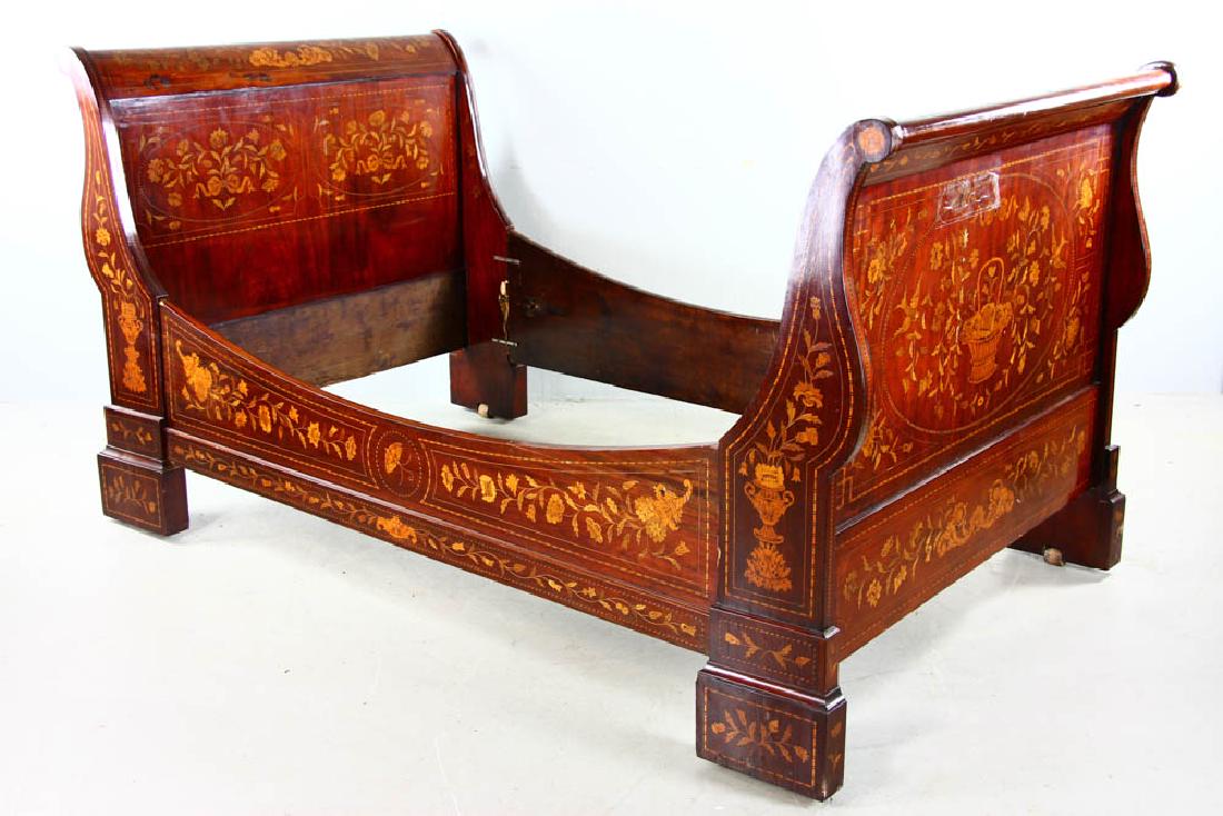 Antique Marquetry Inlaid Sleigh Bed