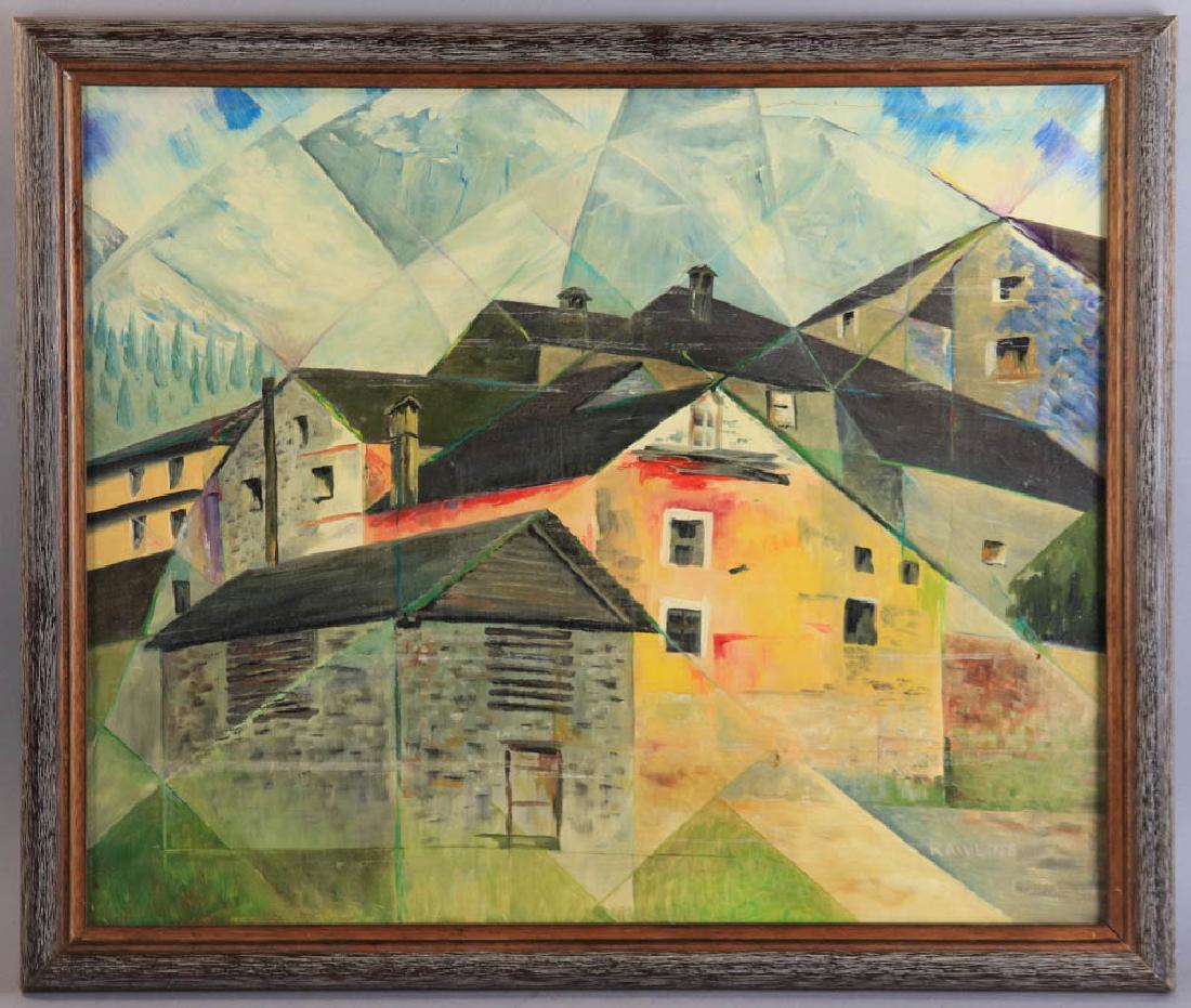 Rowlins Cubist Oil on Canvas: Rowlins, cubist houses, oil on canvas, signed, 20" x 24". Provenance: From a Lake Park, Florida collection.