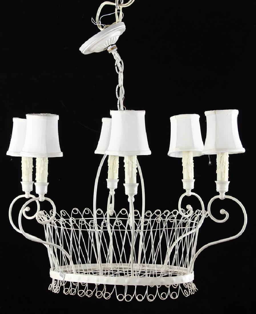 French Wire Basket Design Chandelier: French wire basket-design chandelier,14 3/4" H (to top of socket) x 27 1/4" x 22 1/4". Provenance: West Palm Beach, Florida collection.