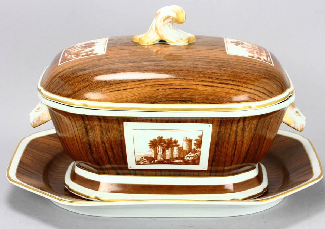 Mottahedeh Porcelain Covered Tureen: Mottahedeh export porcelain covered tureen with plate, 12" H x 15 1/2" diameter. Provenance: From a Palm Springs, California collection.