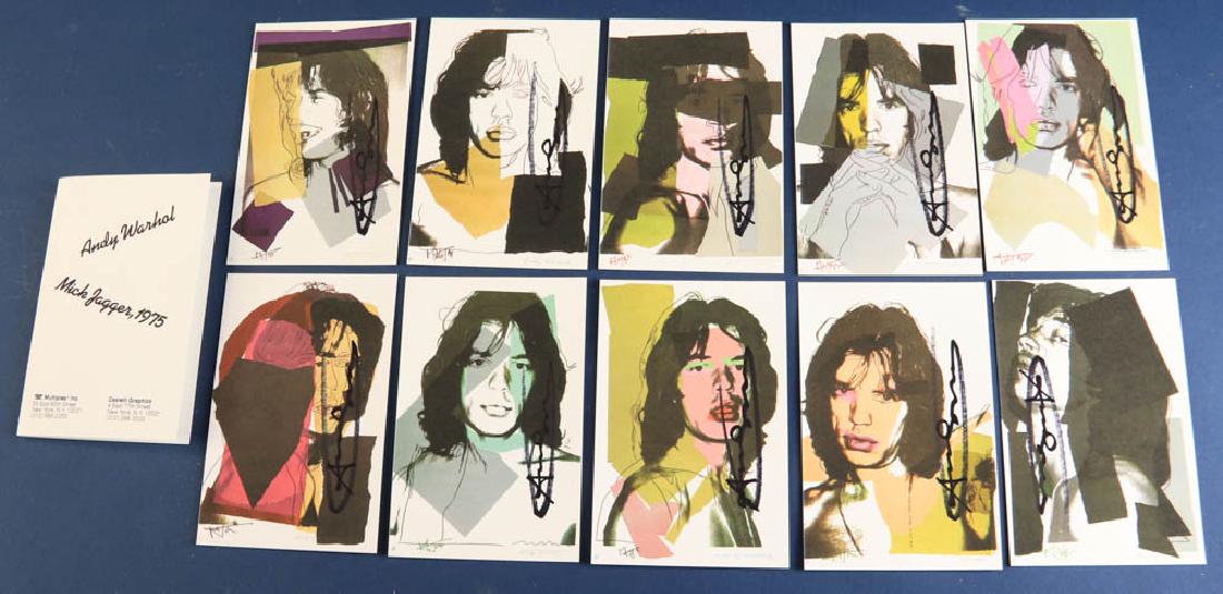 Andy Warhol Portfolio of Promotional Cards: Andy Warhol, complete portfolio of ten promotional cards for the forthcoming Mick Jagger series color offset prints on paper, each 6 1/8" x 4", each marker signed Andy Warhol, inside cover is detailed