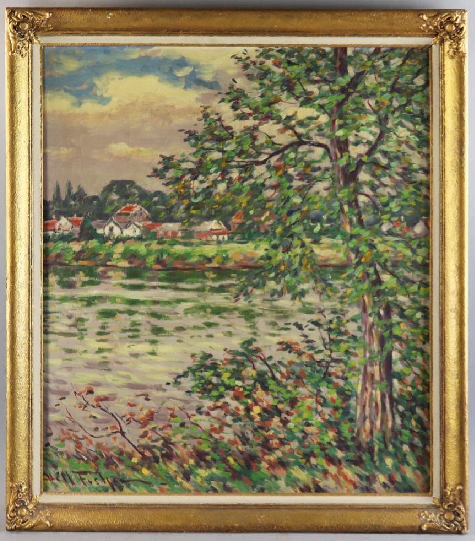 Hugo Melville Fisher Oil on Board: Hugo Melville Fisher (1878-1946), American Impressionist, Seine River landscape, oil on board, 28" x 25 1/2" (sight) plus frame. Provenance: Palm Springs, California collection.