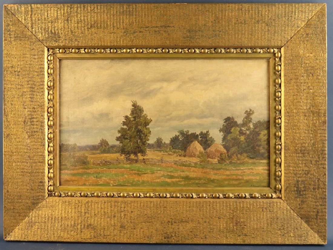 Hugh Newell Oil on Canvas: Hugh Newell, (American, 1830-1915), haystacks, oil on canvas, dated 1890, 13" x 21 1/2" (sight) plus frame. Provenance: Palm Springs, California collection.