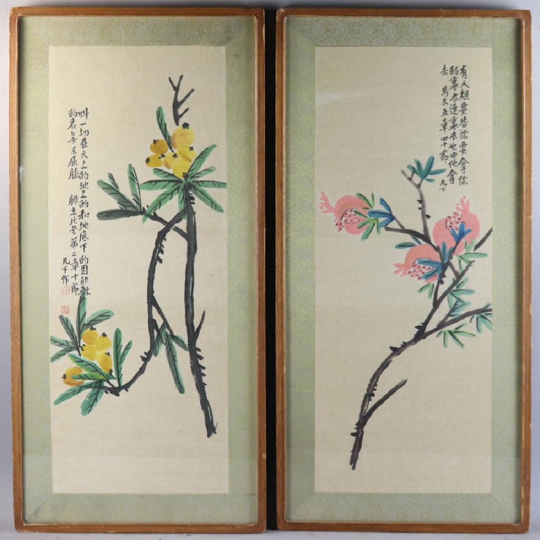 20th Century Korean Flower Paintings: Pair of 20th century modern Korean flower paintings, signed and sealed, framed 37" x 18". Provenance: Palm Springs, California collection.