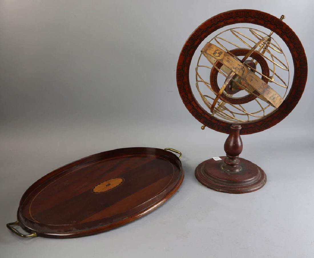 Spherical Astrolabe and Butler's Tray: Two decorative items: spherical astrolabe, 22 1/2" H x 16" D, and mahogany butler's tray with shell inlay, 26 1/2" across handles x15" D. Provenance: West Palm Beach, Florida estate.