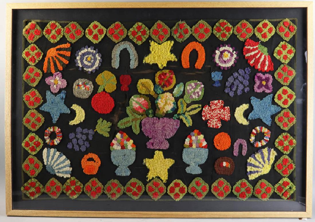 Vintage Framed Wool Stump Work Pieces: Two vintage framed wool stump work embroidery pieces to include one floral design in a shadow box, 23 1/2" x 12 1/2", frame 29" x 29", and one with fruits and florals worked on a black background with