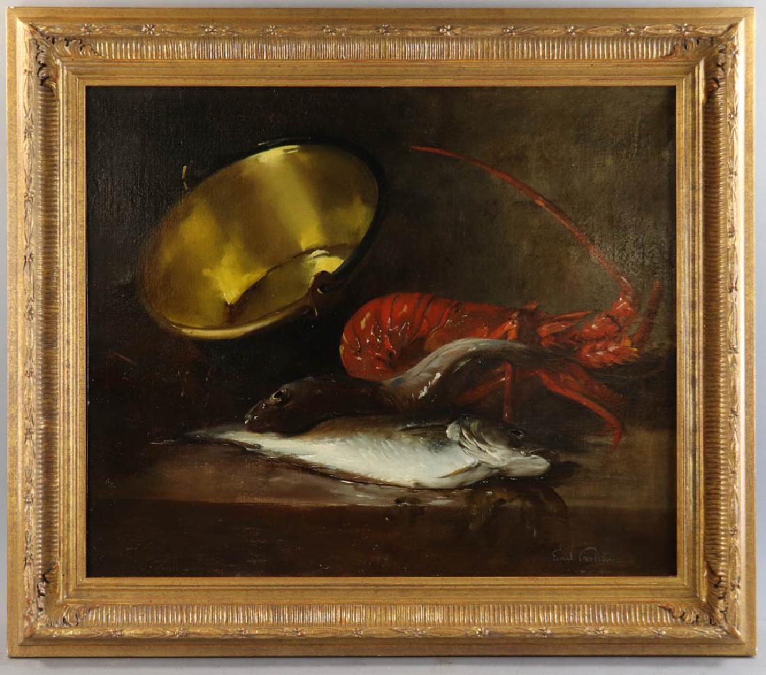 Soren Emil Carlsen Still Life of a Lobster: Soren Emil Carlsen (American, 1848-1932), still life with lobster, oil on canvas, signed Emil Carlsen L/R, 21 3/4" x 25", 27 1/2" 32" framed. Provenance: estate of an important collector, North Hollyw