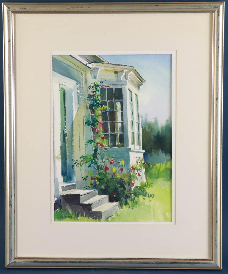 Bernard Gerstner Watercolor, Spring Scene: Bernard Gerstner (American, 1925-2017), house front in spring, watercolor, signed L/L, 14" x 10", frame 22 1/2" x 18 1/22". Provenance: Gloucester, Massachusetts collection.