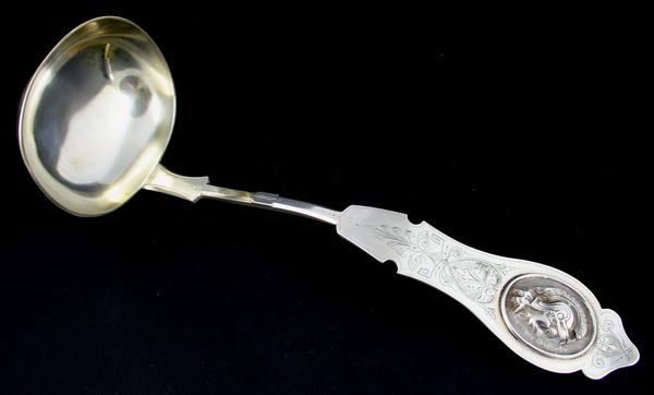 19th C. Duhme & Co. Medallion Sterling Ladle: 19th Century Trojan medallion pattern sterling soup ladle by Duhme & Co. of Cincinnati, 11"l. x 3" x 3 3/4"bowl. Good condition. Provenance: Mrs. Selma Holtz Collection of Waban, Mass.