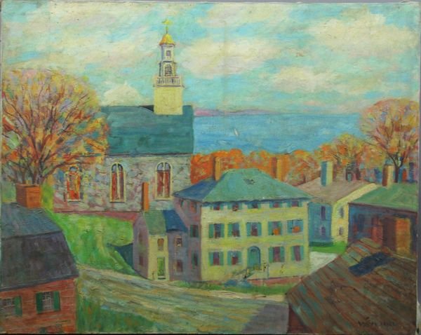 Signed W.A. Hill, "Marblehead Roofs", o/c