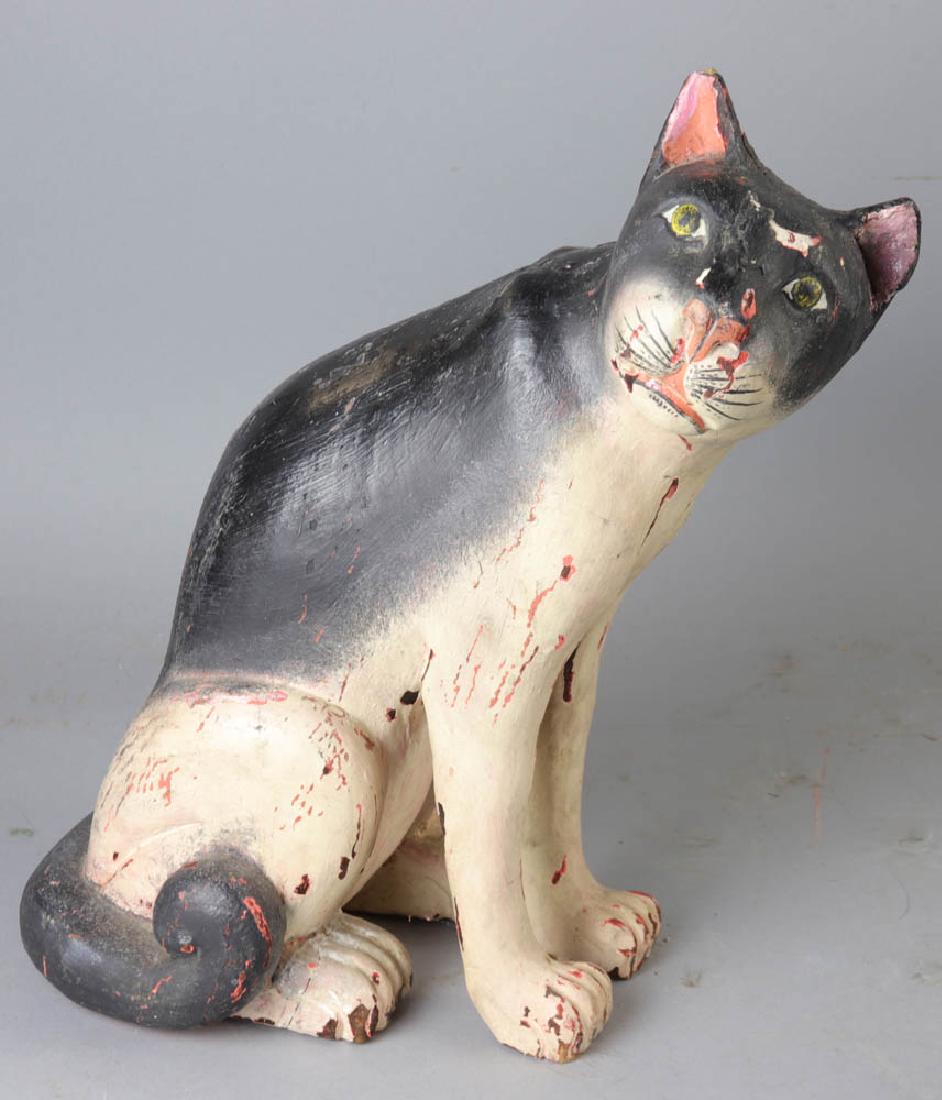 Painted Wood Folk Art Cat: Carved and painted wood folk art cat, 15" H x approximately 11".