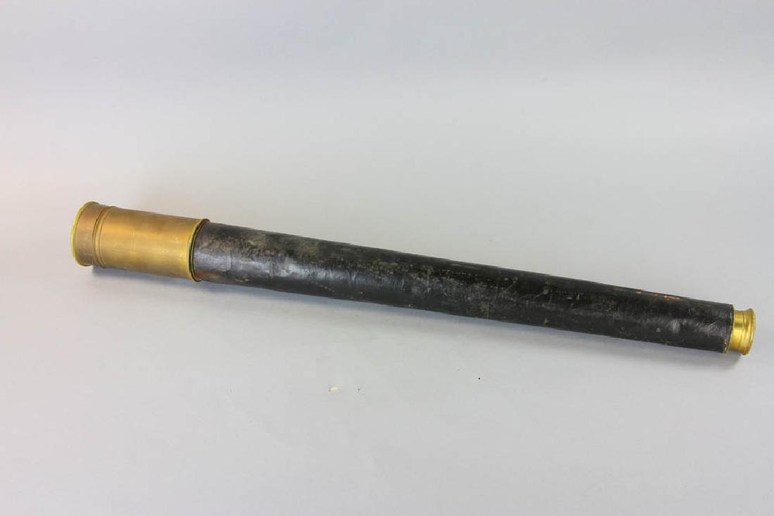 Antique Brass Telescope: Antique brass and leather single draw telescope, 3" diameter, 29 1/2" closed, 39" extended.
