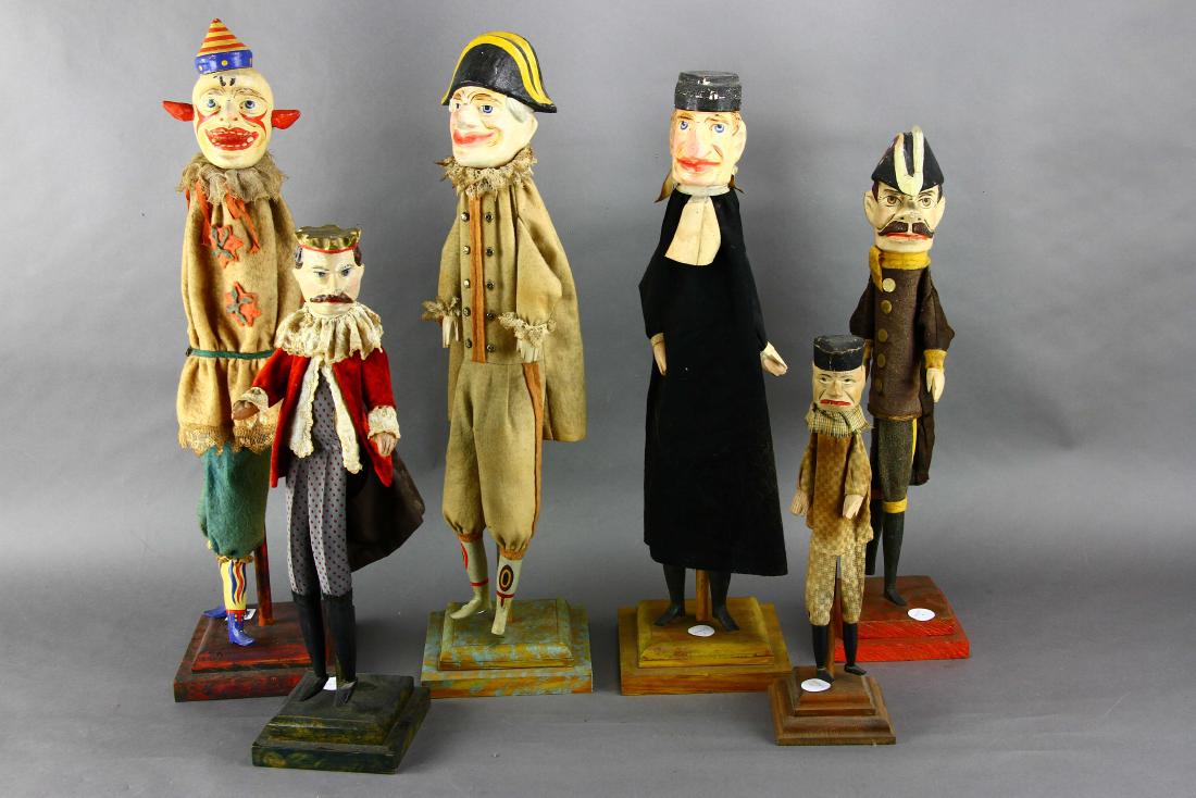 Group of Six Puppets, Including Clown: Group of six (6) puppets, including clown, tallest 24".