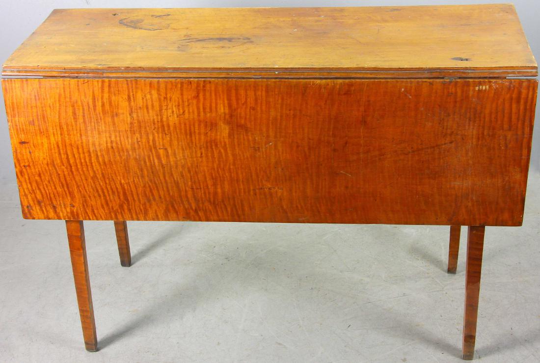 Early New England Drop Leaf Table: Early New England tiger maple drop-leaf table, 29" H x 42" W x 40" D.