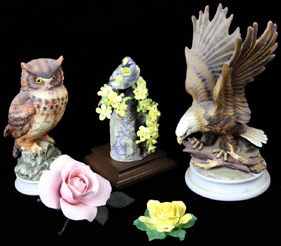 Group of Decorative Pieces: Decorative items to include Royal Worcester warbler figurine in fitted wooden base, no. 5235H; bisque great horned owl figure; bisque bald eagle; Crown Staffordshire porcelain yellow rose; Boehm paint