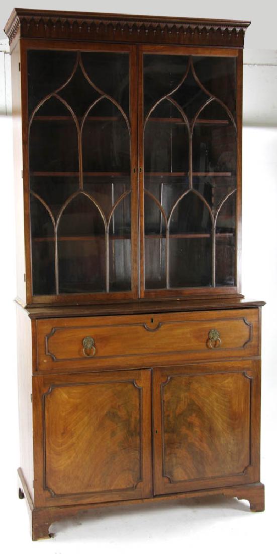 18th C English Chippendale Breakfront: 18th century English Chippendale mahogany breakfront secretary, having mullion glass panels, 97" H x 47" W x 21 3/4" D.