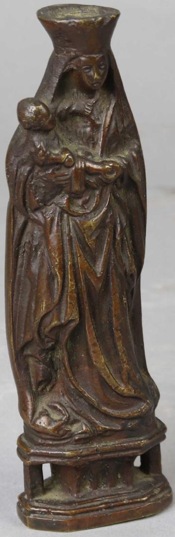 Bronze Madonna and Child, Possibly Renaissance: Bronze Madonna and child, possibly Renaissance period, in Orthodox headdress, on pedestal style base with columns, 6 1/2" H.