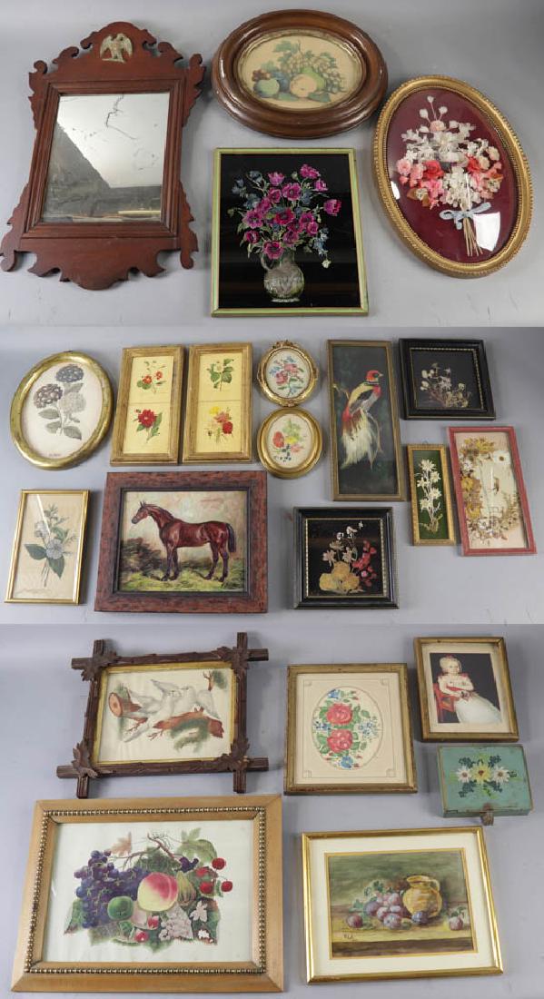 Group of Framed Prints and Watercolors: Large group of antique framed prints, watercolors, mirror, etc., twenty-two pieces total, mirror 23 1/8" x 15 1/8".