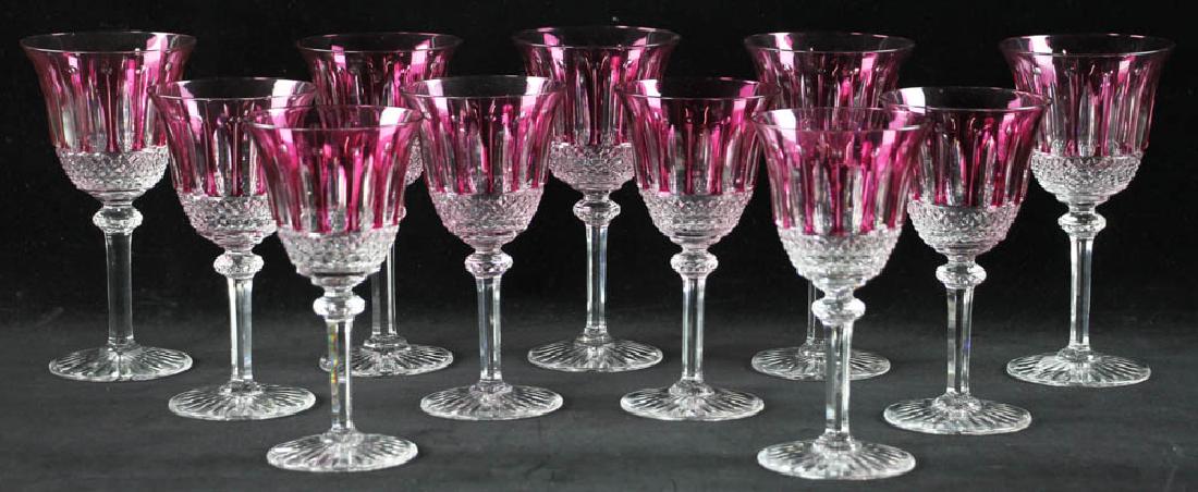 Cranberry Cut to Clear Crystal Wine Goblets: Group of cranberry cut to clear crystal wine goblets to include, six (6) goblets 7 1/4" H, signed St. Louis and five (5) goblets 8 7/8" H, unsigned, eleven (11) glasses in total.