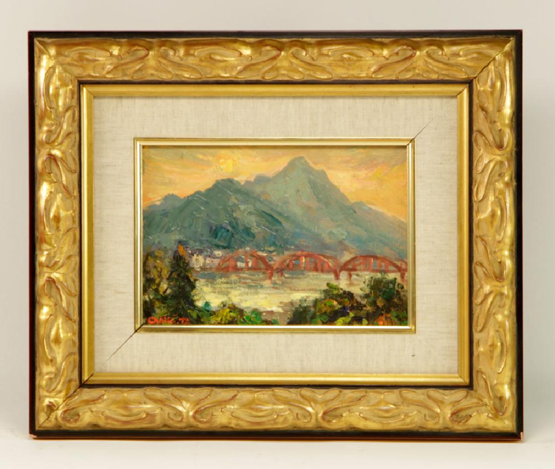 Jian Changda, Guanyia Mountain & Dan River View, Oil: Jian Changda (Chie Changta) (Chinese, 1962-), Guanyia Mountain & Dan River View, oil on board, signed and framed under glass, 6 1/2" h x 9 1/2" w (view), 14 3/4" h x 18" w (frame).